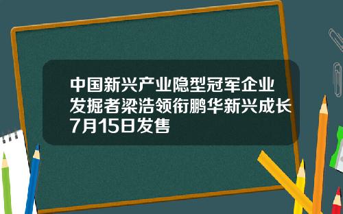 中国新兴产业隐型冠军企业发掘者梁浩领衔鹏华新兴成长7月15日发售